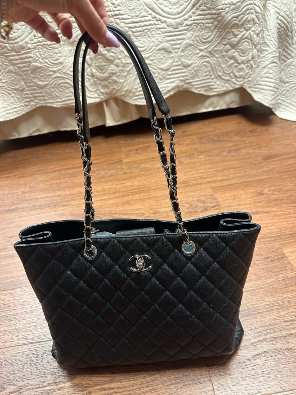 CHANEL Black Quilted Leather Tote with Silver Chain Handles - Picture 2 of 7